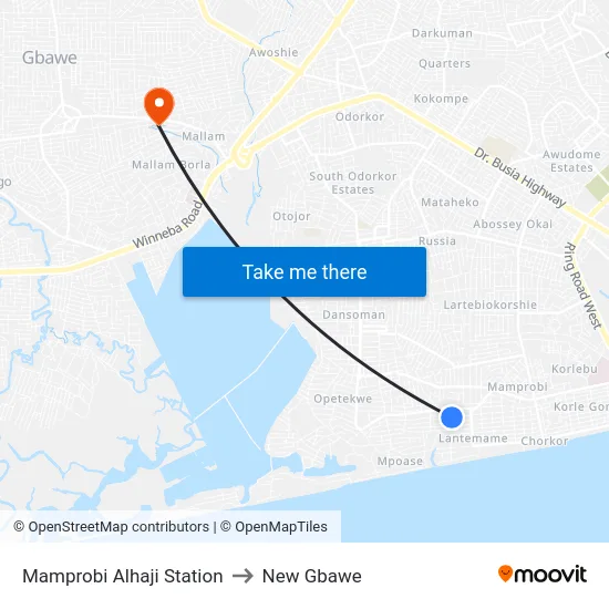 Mamprobi Alhaji Station to New Gbawe map
