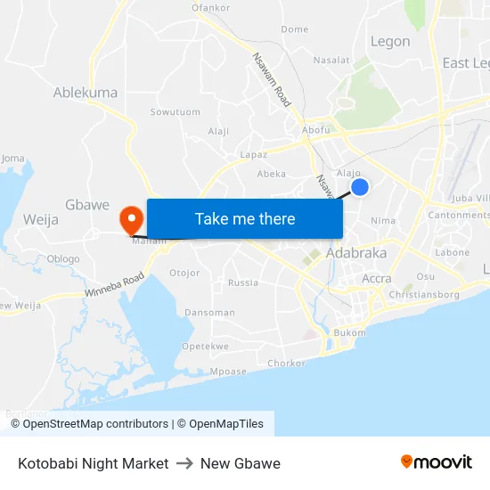 Kotobabi Night Market to New Gbawe map