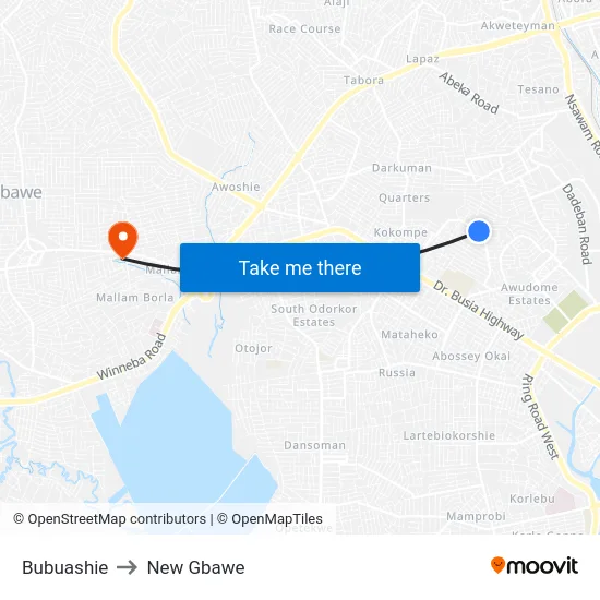 Bubuashie to New Gbawe map