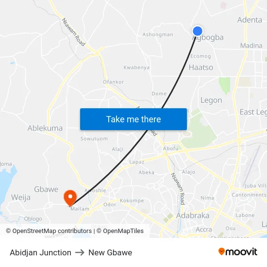 Abidjan Junction to New Gbawe map
