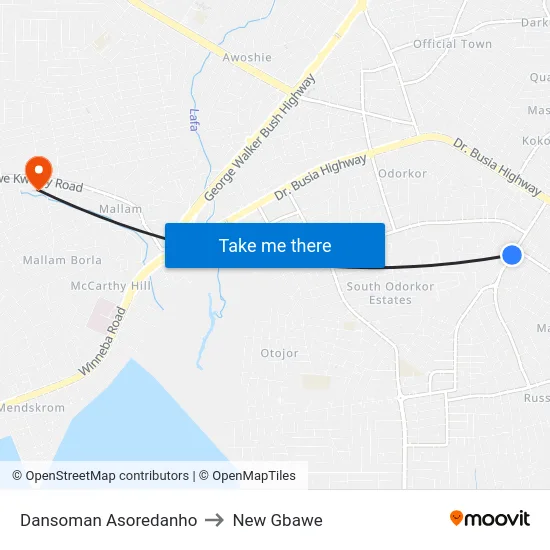 Dansoman Asoredanho to New Gbawe map