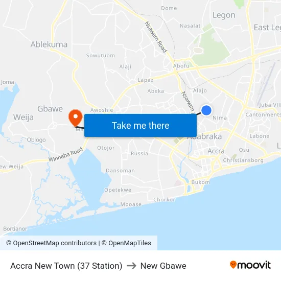 Accra New Town (37 Station) to New Gbawe map