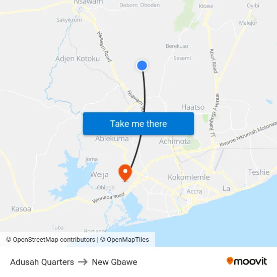 Adusah Quarters to New Gbawe map