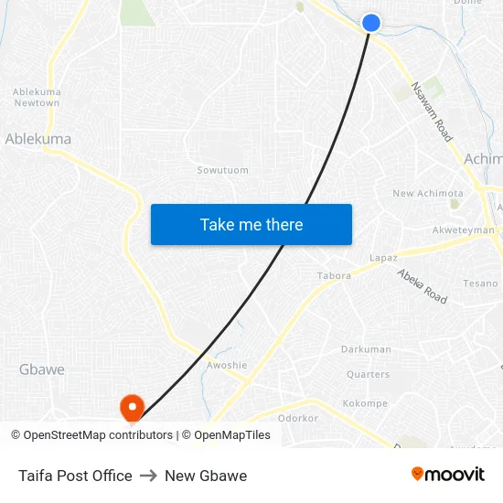 Taifa Post Office to New Gbawe map