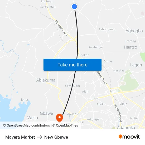Mayera Market to New Gbawe map