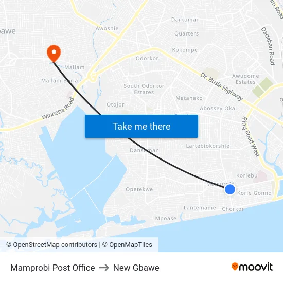 Mamprobi Post Office to New Gbawe map