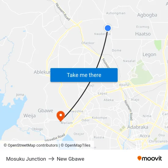 Mosuku Junction to New Gbawe map