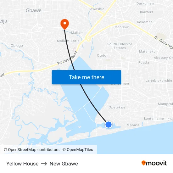 Yellow House to New Gbawe map