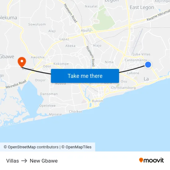 Villas to New Gbawe map