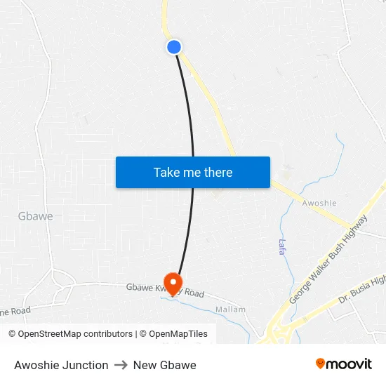 Awoshie Junction to New Gbawe map