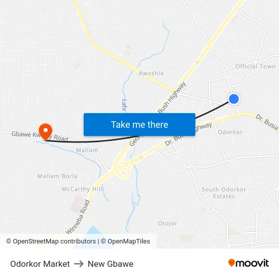 Odorkor Market to New Gbawe map
