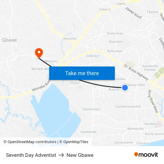 Seventh Day Adventist to New Gbawe map