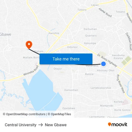 Central University to New Gbawe map