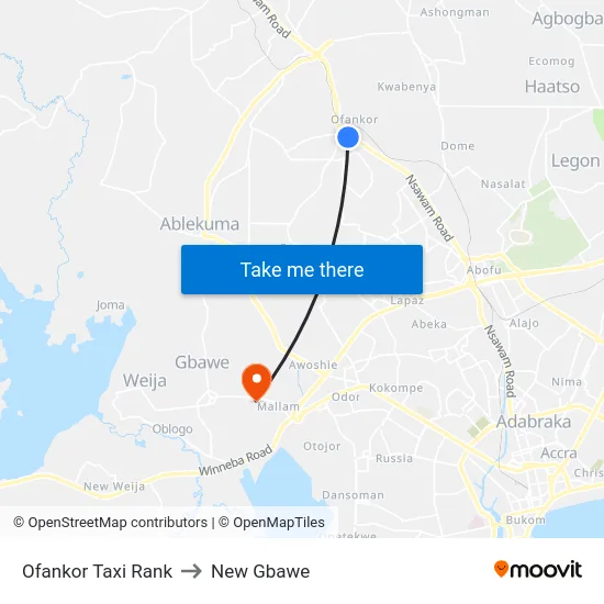 Ofankor Taxi Rank to New Gbawe map
