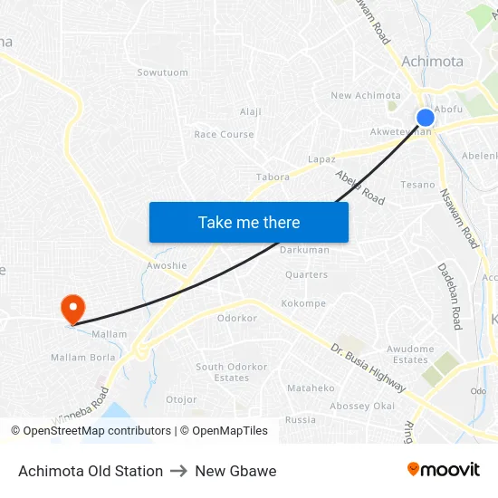 Achimota Old Station to New Gbawe map