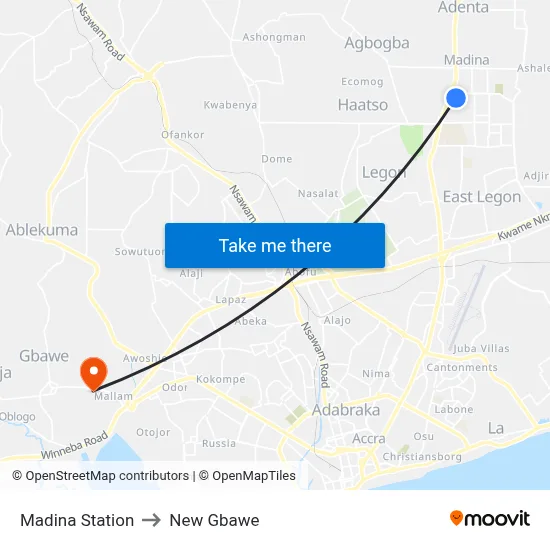 Madina Station to New Gbawe map