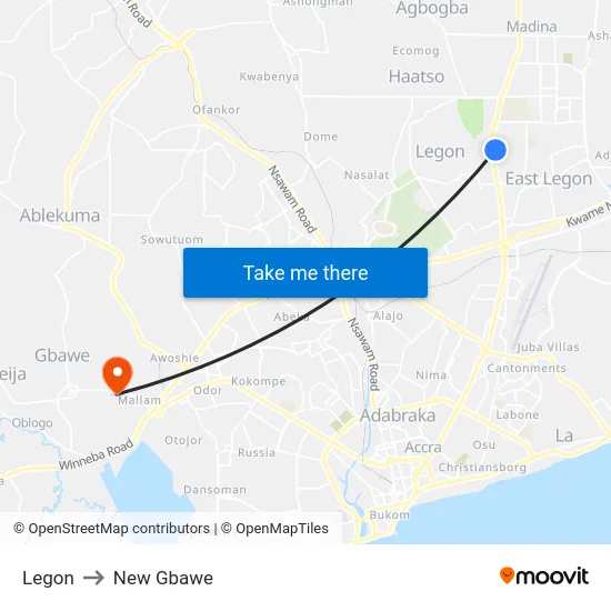 Legon to New Gbawe map
