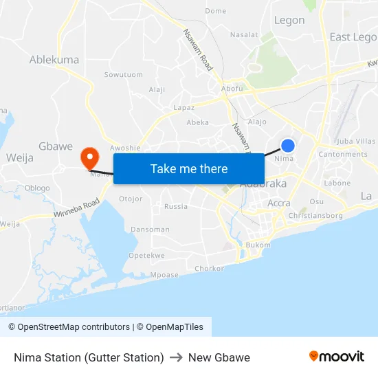 Nima Station (Gutter Station) to New Gbawe map