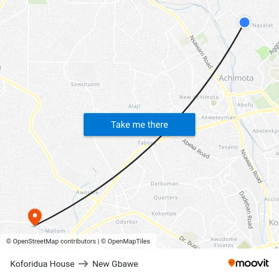 Koforidua House to New Gbawe map