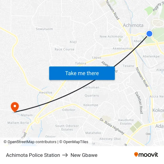 Achimota Police Station to New Gbawe map