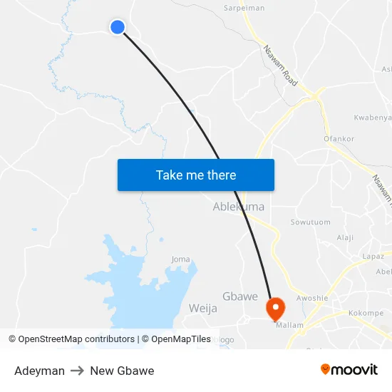 Adeyman to New Gbawe map