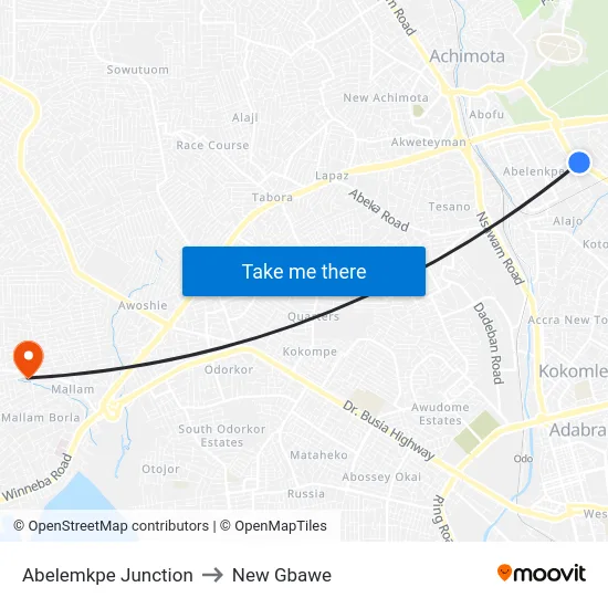 Abelemkpe Junction to New Gbawe map