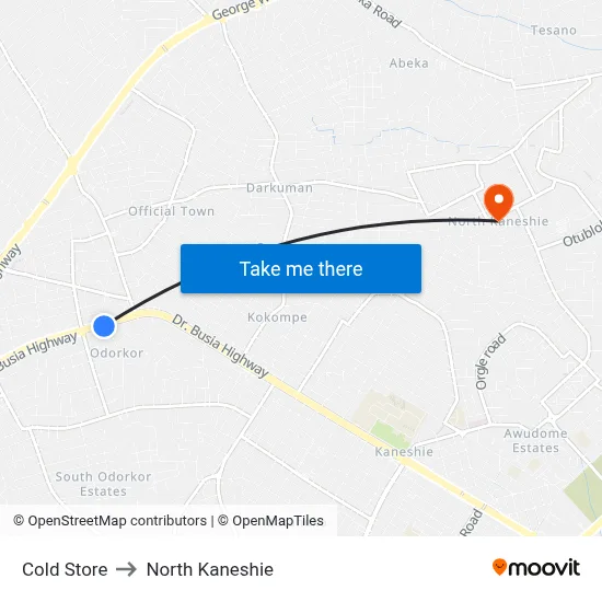 Cold Store to North Kaneshie map