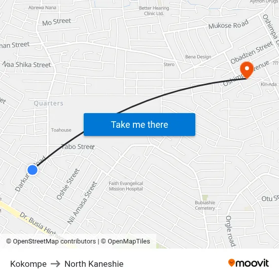 Kokompe to North Kaneshie map
