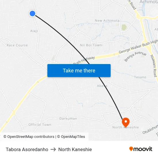 Tabora Asoredanho to North Kaneshie map