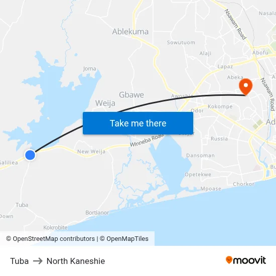 Tuba to North Kaneshie map
