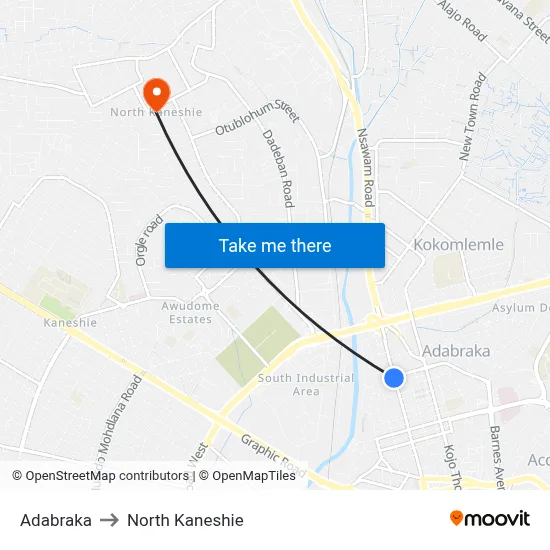 Adabraka to North Kaneshie map
