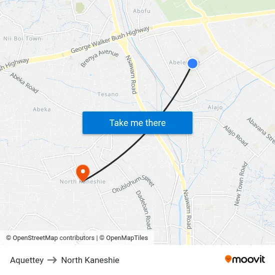Aquettey to North Kaneshie map
