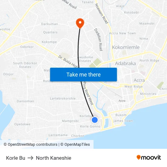Korle Bu to North Kaneshie map