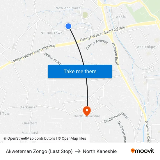 Akweteman Zongo (Last Stop) to North Kaneshie map
