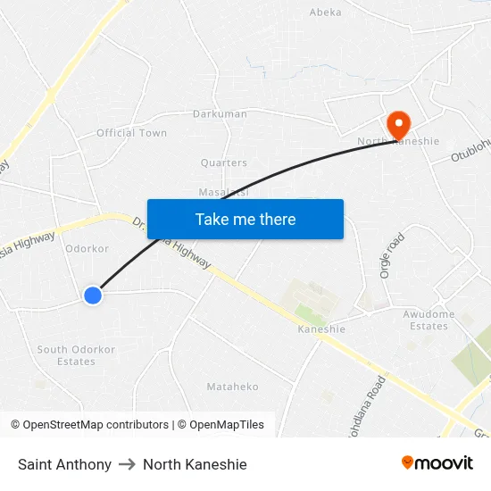 Saint Anthony to North Kaneshie map