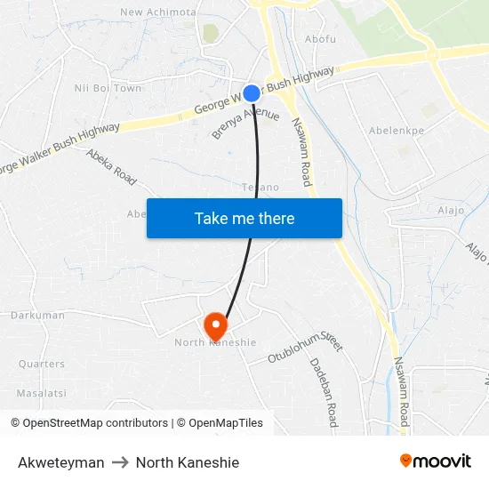 Akweteyman to North Kaneshie map