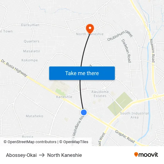 Abossey-Okai to North Kaneshie map