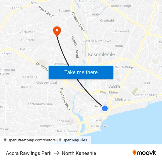 Accra Rawlings Park to North Kaneshie map