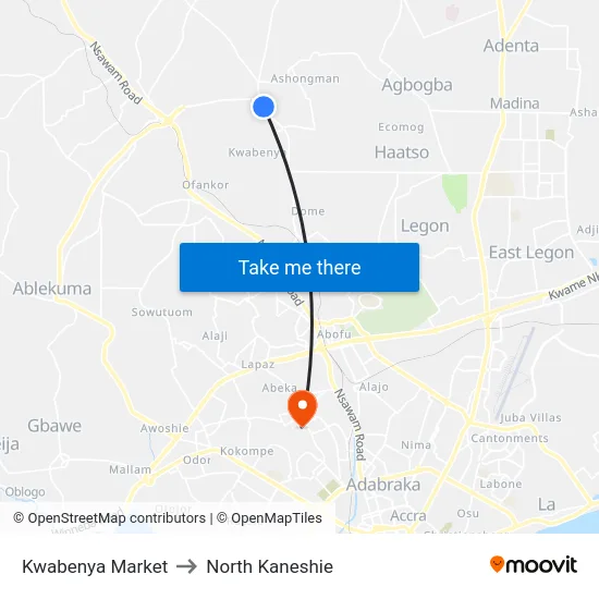 Kwabenya Market to North Kaneshie map