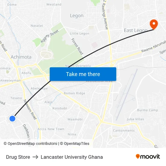 Drug Store to Lancaster University Ghana map