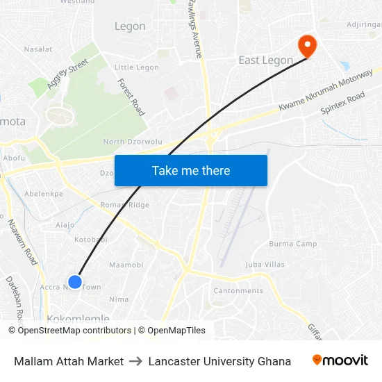 Mallam Attah Market to Lancaster University Ghana map