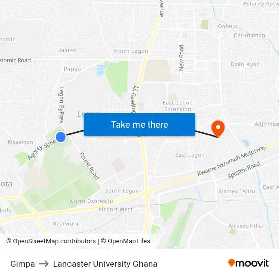 Gimpa to Lancaster University Ghana map