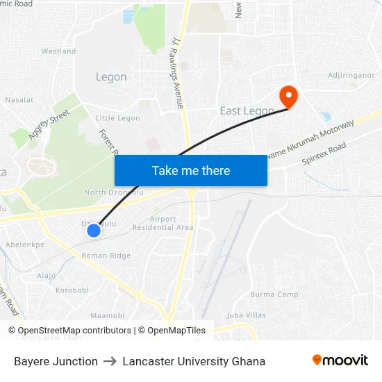 Bayere Junction to Lancaster University Ghana map