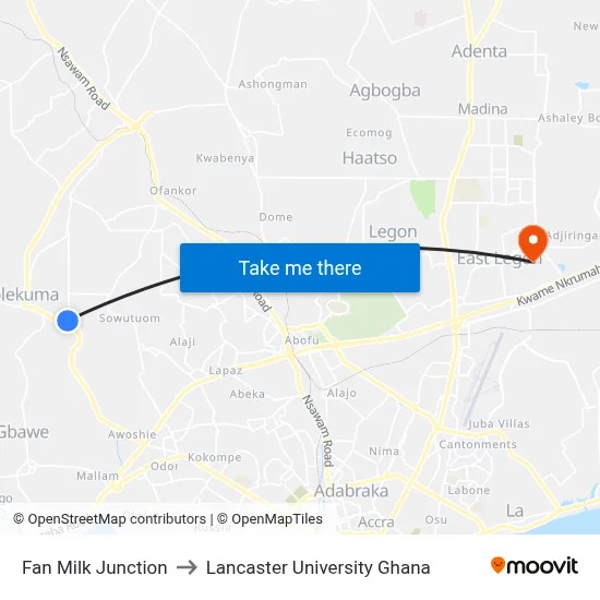 Fan Milk Junction to Lancaster University Ghana map