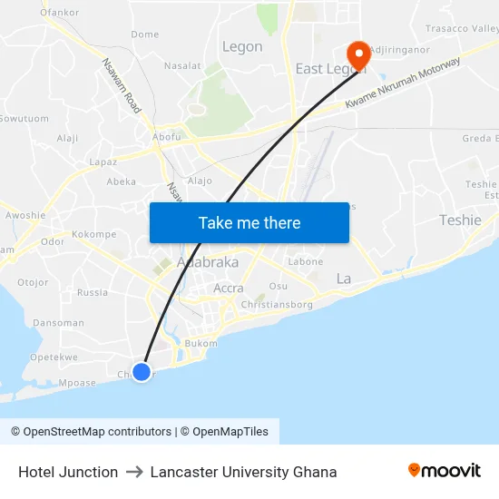 Hotel Junction to Lancaster University Ghana map