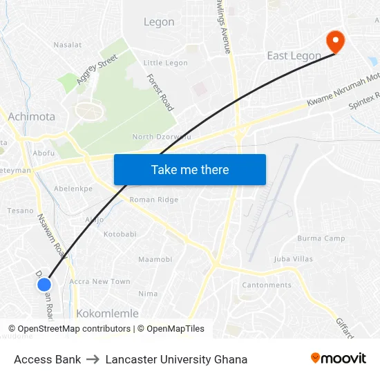 Access Bank to Lancaster University Ghana map