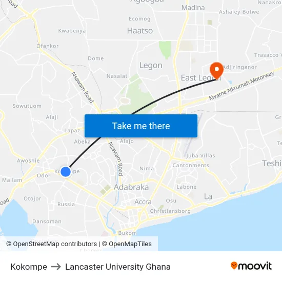Kokompe to Lancaster University Ghana map