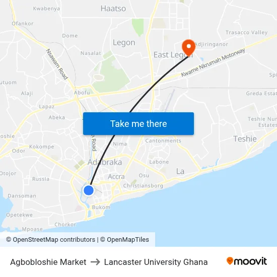 Agbobloshie Market to Lancaster University Ghana map