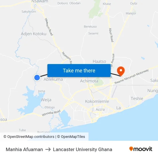 Manhia Afuaman to Lancaster University Ghana map