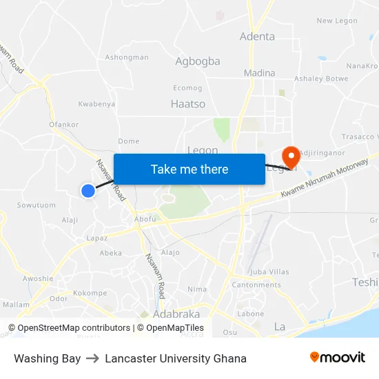 Washing Bay to Lancaster University Ghana map